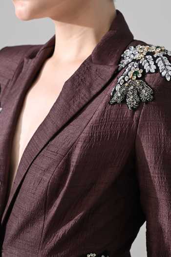 Samant Chauhan_Brown Silk, Tussar V-neck Hand Embroidered Tailored Dress _at_Aza_Fashions