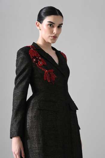 Samant Chauhan Black Silk, Tussar V-neck Hand Embroidered Structured Dress Online at Aza Fashions Samant Chauhan_Black Silk, Tussar V-neck Hand Embroidered Structured Dress _Online_at_Aza_Fashions