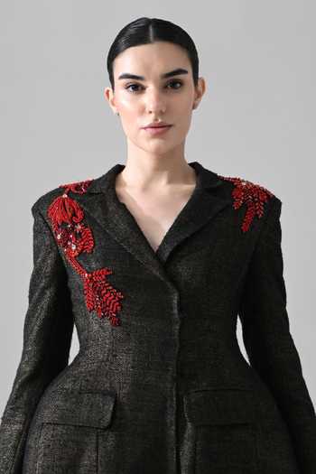 Shop Samant Chauhan Black Silk, Tussar V-neck Hand Embroidered Structured Dress Online at Aza Fashions Shop_Samant Chauhan_Black Silk, Tussar V-neck Hand Embroidered Structured Dress _Online_at_Aza_Fashions