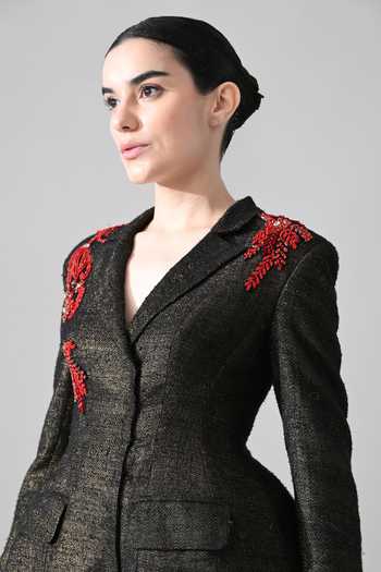 Samant Chauhan Black Silk, Tussar V-neck Hand Embroidered Structured Dress at Aza Fashions Samant Chauhan_Black Silk, Tussar V-neck Hand Embroidered Structured Dress _at_Aza_Fashions