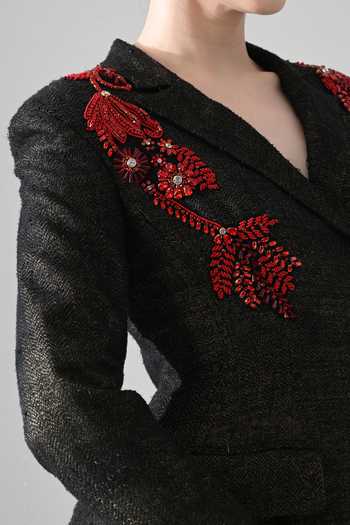 Buy Samant Chauhan Black Silk, Tussar V-neck Hand Embroidered Structured Dress Buy_Samant Chauhan_Black Silk, Tussar V-neck Hand Embroidered Structured Dress