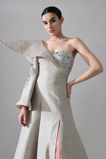 Samant Chauhan_Grey Linen One Shoulder Sculptural Architectural Dress _Online_at_Aza_Fashions