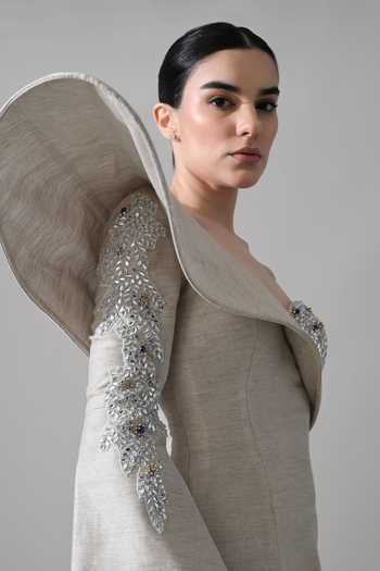 Buy_Samant Chauhan_Grey Linen One Shoulder Sculptural Architectural Dress _Online_at_Aza_Fashions