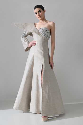 Shop_Samant Chauhan_Grey Linen One Shoulder Sculptural Architectural Dress _Online_at_Aza_Fashions