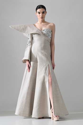 Samant Chauhan_Grey Linen One Shoulder Sculptural Architectural Dress _at_Aza_Fashions