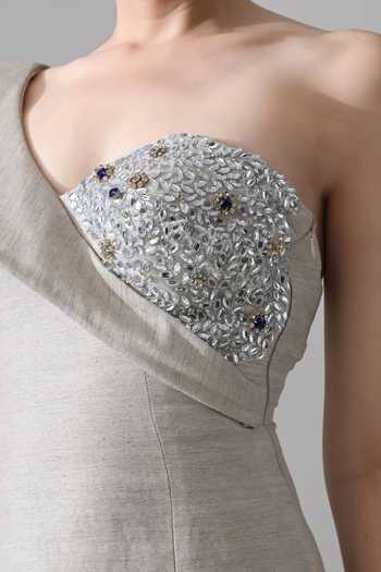 Buy_Samant Chauhan_Grey Linen One Shoulder Sculptural Architectural Dress 