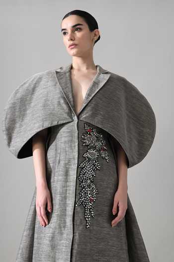 Samant Chauhan Grey Linen Crystals, Beads Collared Neck Hand Embroidered Gown Online at Aza Fashions Samant Chauhan_Grey Linen Crystals, Beads Collared Neck Hand Embroidered Gown _Online_at_Aza_Fashions