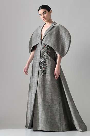 Buy Samant Chauhan Grey Linen Crystals, Beads Collared Neck Hand Embroidered Gown Online at Aza Fashions Buy_Samant Chauhan_Grey Linen Crystals, Beads Collared Neck Hand Embroidered Gown _Online_at_Aza_Fashions