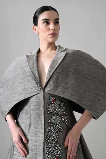 Shop Samant Chauhan Grey Linen Crystals, Beads Collared Neck Hand Embroidered Gown Online at Aza Fashions Shop_Samant Chauhan_Grey Linen Crystals, Beads Collared Neck Hand Embroidered Gown _Online_at_Aza_Fashions