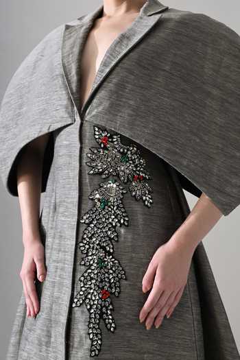 Samant Chauhan Grey Linen Crystals, Beads Collared Neck Hand Embroidered Gown at Aza Fashions Samant Chauhan_Grey Linen Crystals, Beads Collared Neck Hand Embroidered Gown _at_Aza_Fashions
