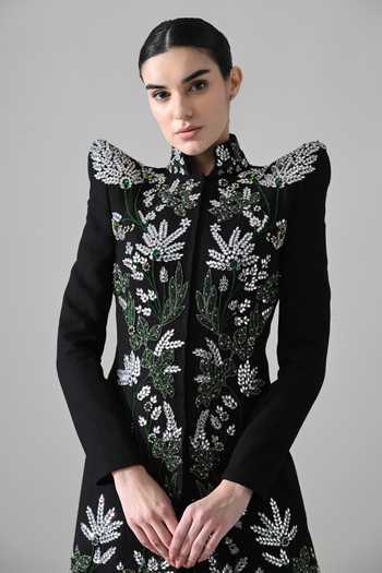 Samant Chauhan Black Silk, Cotton, Net Embroidery, Beads, Crystals Mandarin Botanical Work Gown Online at Aza Fashions Samant Chauhan_Black Silk, Cotton, Net Embroidery, Beads, Crystals Mandarin Botanical Work Gown _Online_at_Aza_Fashions