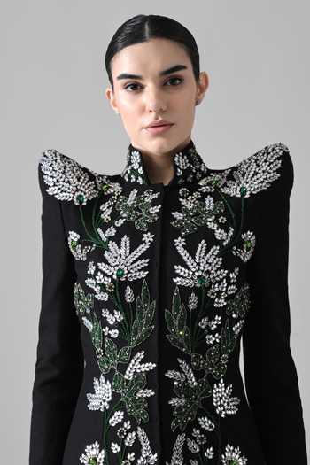 Buy Samant Chauhan Black Silk, Cotton, Net Embroidery, Beads, Crystals Mandarin Botanical Work Gown Online at Aza Fashions Buy_Samant Chauhan_Black Silk, Cotton, Net Embroidery, Beads, Crystals Mandarin Botanical Work Gown _Online_at_Aza_Fashions
