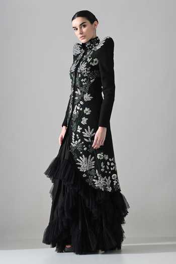 Shop Samant Chauhan Black Silk, Cotton, Net Embroidery, Beads, Crystals Mandarin Botanical Work Gown Online at Aza Fashions Shop_Samant Chauhan_Black Silk, Cotton, Net Embroidery, Beads, Crystals Mandarin Botanical Work Gown _Online_at_Aza_Fashions