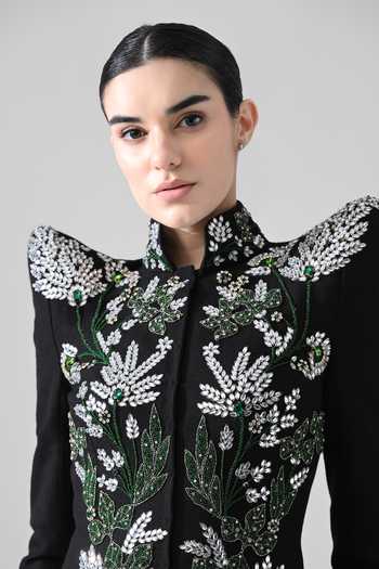 Samant Chauhan Black Silk, Cotton, Net Embroidery, Beads, Crystals Mandarin Botanical Work Gown at Aza Fashions Samant Chauhan_Black Silk, Cotton, Net Embroidery, Beads, Crystals Mandarin Botanical Work Gown _at_Aza_Fashions