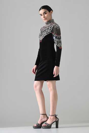 Samant Chauhan Black Velvet High Neck Hand Embroidered Yoke Dress Online at Aza Fashions Samant Chauhan_Black Velvet High Neck Hand Embroidered Yoke Dress _Online_at_Aza_Fashions