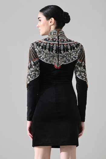 Buy Samant Chauhan Black Velvet High Neck Hand Embroidered Yoke Dress Online at Aza Fashions Buy_Samant Chauhan_Black Velvet High Neck Hand Embroidered Yoke Dress _Online_at_Aza_Fashions
