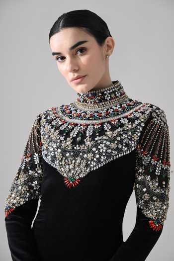 Shop Samant Chauhan Black Velvet High Neck Hand Embroidered Yoke Dress Online at Aza Fashions Shop_Samant Chauhan_Black Velvet High Neck Hand Embroidered Yoke Dress _Online_at_Aza_Fashions
