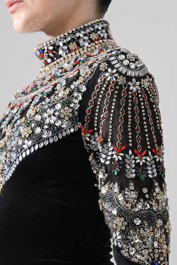 Samant Chauhan Black Velvet High Neck Hand Embroidered Yoke Dress at Aza Fashions Samant Chauhan_Black Velvet High Neck Hand Embroidered Yoke Dress _at_Aza_Fashions