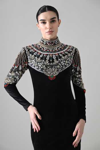 Buy Samant Chauhan Black Velvet High Neck Hand Embroidered Yoke Dress Buy_Samant Chauhan_Black Velvet High Neck Hand Embroidered Yoke Dress