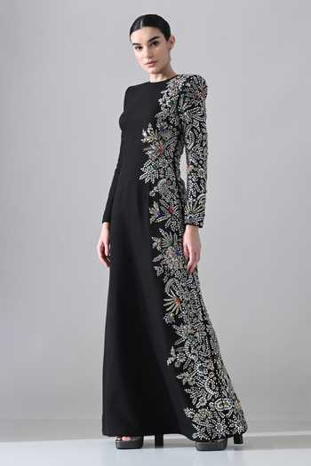 Samant Chauhan Black Silk, Cotton Stones, Mirrors, Crystals Round Neck Placed Embellished Gown Online at Aza Fashions Samant Chauhan_Black Silk, Cotton Stones, Mirrors, Crystals Round Neck Placed Embellished Gown _Online_at_Aza_Fashions