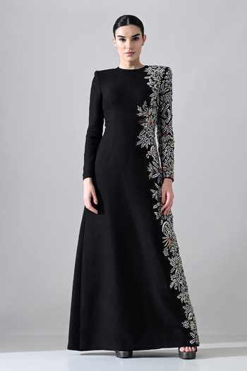 Buy Samant Chauhan Black Silk, Cotton Stones, Mirrors, Crystals Round Neck Placed Embellished Gown Online at Aza Fashions Buy_Samant Chauhan_Black Silk, Cotton Stones, Mirrors, Crystals Round Neck Placed Embellished Gown _Online_at_Aza_Fashions