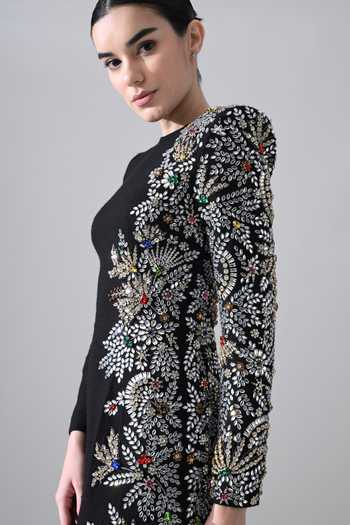 Shop Samant Chauhan Black Silk, Cotton Stones, Mirrors, Crystals Round Neck Placed Embellished Gown Online at Aza Fashions Shop_Samant Chauhan_Black Silk, Cotton Stones, Mirrors, Crystals Round Neck Placed Embellished Gown _Online_at_Aza_Fashions