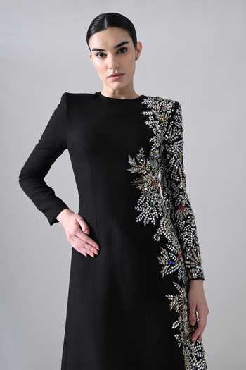 Samant Chauhan Black Silk, Cotton Stones, Mirrors, Crystals Round Neck Placed Embellished Gown at Aza Fashions Samant Chauhan_Black Silk, Cotton Stones, Mirrors, Crystals Round Neck Placed Embellished Gown _at_Aza_Fashions