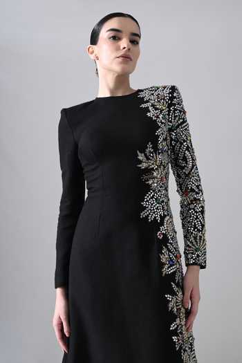 Shop Samant Chauhan Black Silk, Cotton Stones, Mirrors, Crystals Round Neck Placed Embellished Gown Shop_Samant Chauhan_Black Silk, Cotton Stones, Mirrors, Crystals Round Neck Placed Embellished Gown