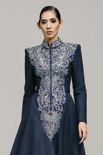 Samant Chauhan Navy Silk, Cotton Mandarin Collar Hand Embroidered High Low Dress Online at Aza Fashions Samant Chauhan_Navy Silk, Cotton Mandarin Collar Hand Embroidered High Low Dress _Online_at_Aza_Fashions