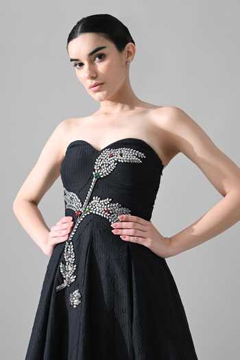 Samant Chauhan Black Silk, Cotton Embroidery, Beads, Crystals Sweetheart Neck Hand A Line Gown Online at Aza Fashions Samant Chauhan_Black Silk, Cotton Embroidery, Beads, Crystals Sweetheart Neck Hand A Line Gown _Online_at_Aza_Fashions