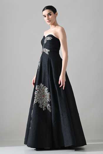 Samant Chauhan Black Silk, Cotton Embroidery, Beads, Crystals Sweetheart Neck Hand A Line Gown at Aza Fashions Samant Chauhan_Black Silk, Cotton Embroidery, Beads, Crystals Sweetheart Neck Hand A Line Gown _at_Aza_Fashions