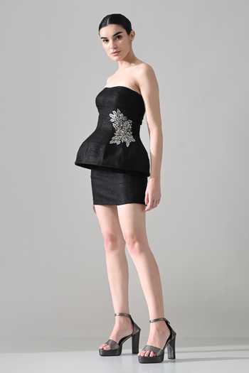 Samant Chauhan Black Silk, Tussar Bandeau Neck Strapless Dress Online at Aza Fashions Samant Chauhan_Black Silk, Tussar Bandeau Neck Strapless Dress _Online_at_Aza_Fashions
