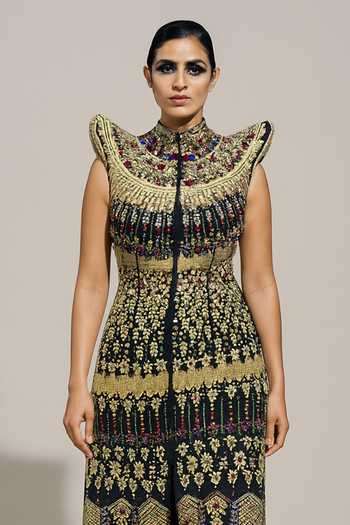 Samant Chauhan Black Silk, Cotton Metallic Thread, Beads Mandarin Collar And Work Gown Online at Aza Fashions Samant Chauhan_Black Silk, Cotton Metallic Thread, Beads Mandarin Collar And Work Gown _Online_at_Aza_Fashions