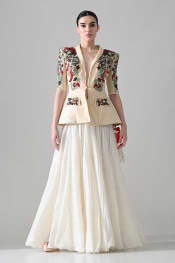 Samant Chauhan Beige Silk, Cotton Shawl Neck Hand Embroidered Jacket And Skirt Set Online at Aza Fashions Samant Chauhan_Beige Silk, Cotton Shawl Neck Hand Embroidered Jacket And Skirt Set _Online_at_Aza_Fashions