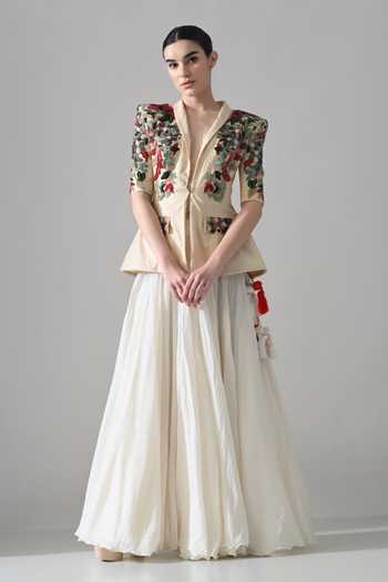 Samant Chauhan Hand Embroidered Cotton Silk Jacket & Skirt Set 