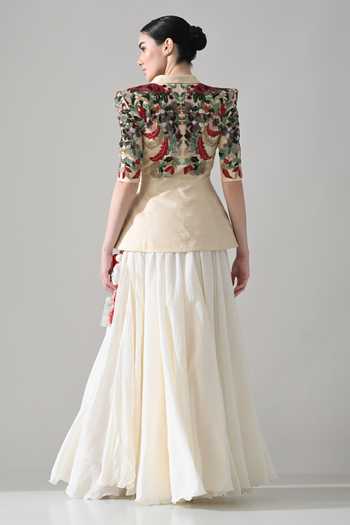 Samant Chauhan Hand Embroidered Cotton Silk Jacket & Skirt Set 