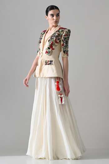 Buy Samant Chauhan Beige Silk, Cotton Shawl Neck Hand Embroidered Jacket And Skirt Set Online at Aza Fashions Buy_Samant Chauhan_Beige Silk, Cotton Shawl Neck Hand Embroidered Jacket And Skirt Set _Online_at_Aza_Fashions