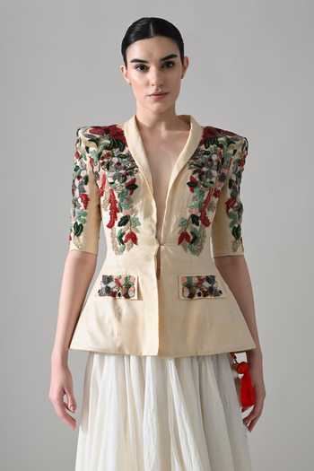 Shop Samant Chauhan Beige Silk, Cotton Shawl Neck Hand Embroidered Jacket And Skirt Set Online at Aza Fashions Shop_Samant Chauhan_Beige Silk, Cotton Shawl Neck Hand Embroidered Jacket And Skirt Set _Online_at_Aza_Fashions