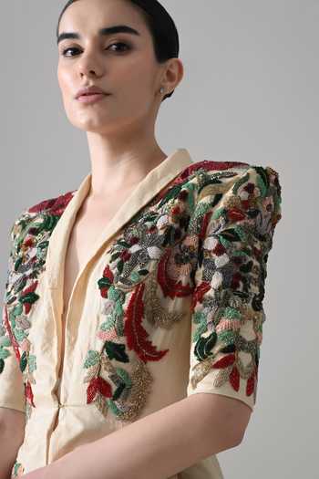 Samant Chauhan Beige Silk, Cotton Shawl Neck Hand Embroidered Jacket And Skirt Set at Aza Fashions Samant Chauhan_Beige Silk, Cotton Shawl Neck Hand Embroidered Jacket And Skirt Set _at_Aza_Fashions