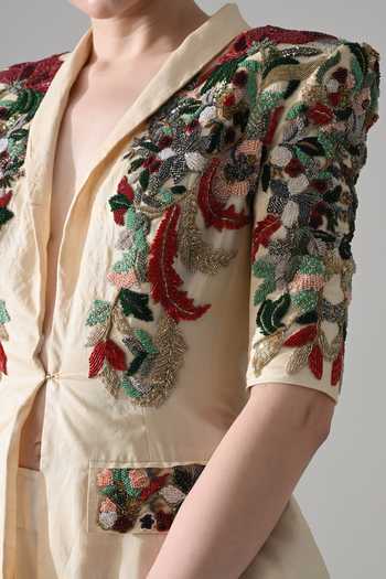 Buy Samant Chauhan Beige Silk, Cotton Shawl Neck Hand Embroidered Jacket And Skirt Set Buy_Samant Chauhan_Beige Silk, Cotton Shawl Neck Hand Embroidered Jacket And Skirt Set