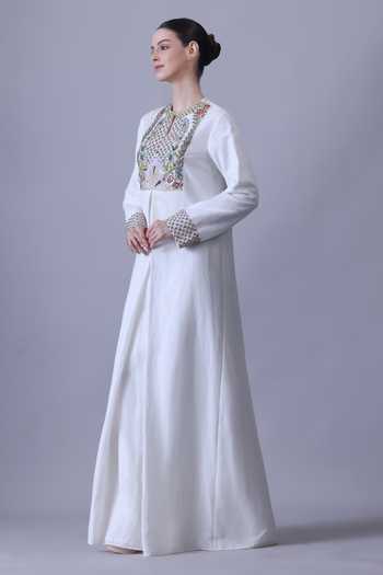 Samant Chauhan Ivory Silk, Cotton Keyhole Neck Embroidered Floral Yoke Maxi Dress Online at Aza Fashions Samant Chauhan_Ivory Silk, Cotton Keyhole Neck Embroidered Floral Yoke Maxi Dress _Online_at_Aza_Fashions
