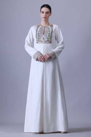 Samant Chauhan Embroidered Floral Yoke Cotton Silk Maxi Dress 