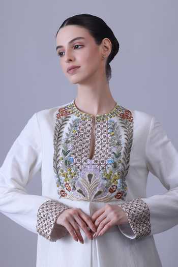 Shop Samant Chauhan Ivory Silk, Cotton Keyhole Neck Embroidered Floral Yoke Maxi Dress Online at Aza Fashions Shop_Samant Chauhan_Ivory Silk, Cotton Keyhole Neck Embroidered Floral Yoke Maxi Dress _Online_at_Aza_Fashions
