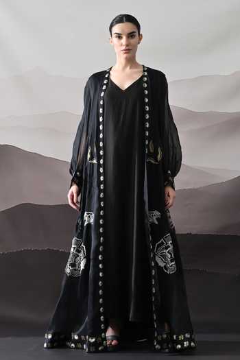Samant Chauhan_Black Silk, Cotton, Organza Embroidery V-neck Kaftan And Overlay Set _Online_at_Aza_Fashions