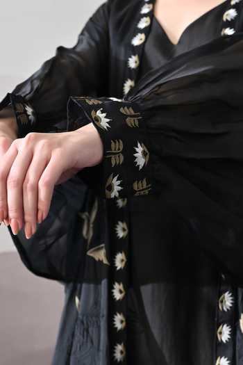 Buy_Samant Chauhan_Black Silk, Cotton, Organza Embroidery V-neck Kaftan And Overlay Set _Online_at_Aza_Fashions