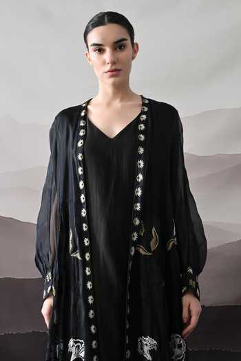 Shop_Samant Chauhan_Black Silk, Cotton, Organza Embroidery V-neck Kaftan And Overlay Set _Online_at_Aza_Fashions