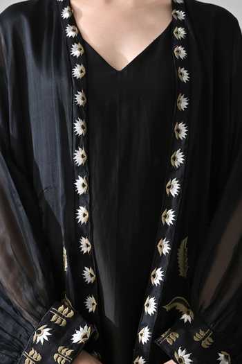 Samant Chauhan_Black Silk, Cotton, Organza Embroidery V-neck Kaftan And Overlay Set _at_Aza_Fashions