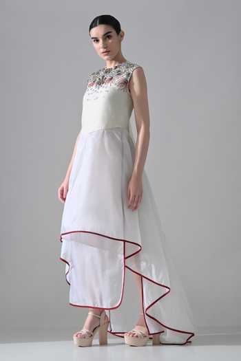 Samant Chauhan_Ivory Organza, Canvas Round Neck Hand Embellished Layered Asymmetric Hem Dress _Online_at_Aza_Fashions