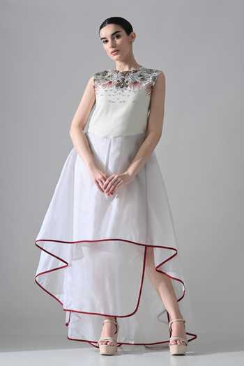 Buy_Samant Chauhan_Ivory Organza, Canvas Round Neck Hand Embellished Layered Asymmetric Hem Dress _Online_at_Aza_Fashions