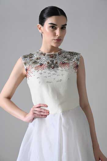 Shop_Samant Chauhan_Ivory Organza, Canvas Round Neck Hand Embellished Layered Asymmetric Hem Dress _Online_at_Aza_Fashions